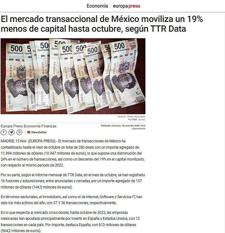 El mercado transaccional de Mxico moviliza un 19% menos de capital hasta octubre, segn TTR Data